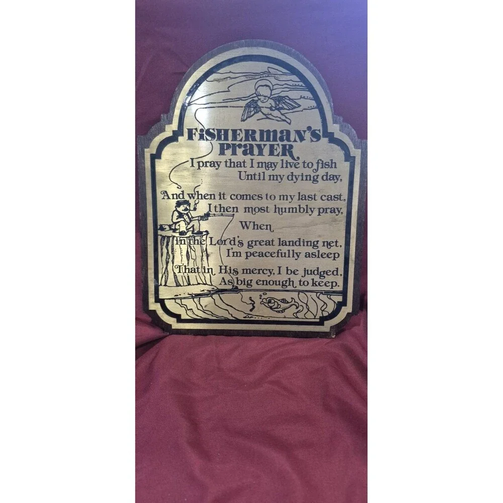Vintage A Fishermans Prayer Wall Hanging Decor Wood Brass 10x8 Fish Fishing EUC